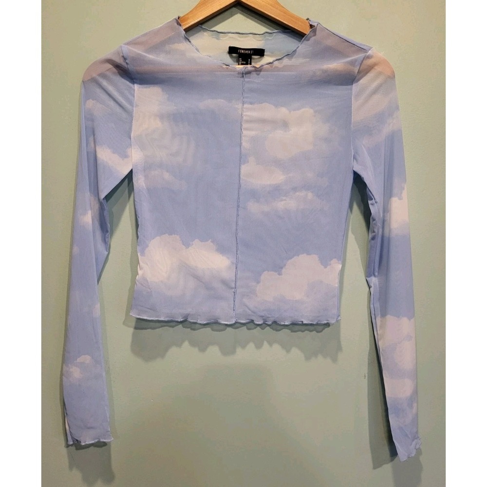 Lt Blue Cloud Stretch Sheer Mesh Long Sleeve Fitted Cropped Top Sz S